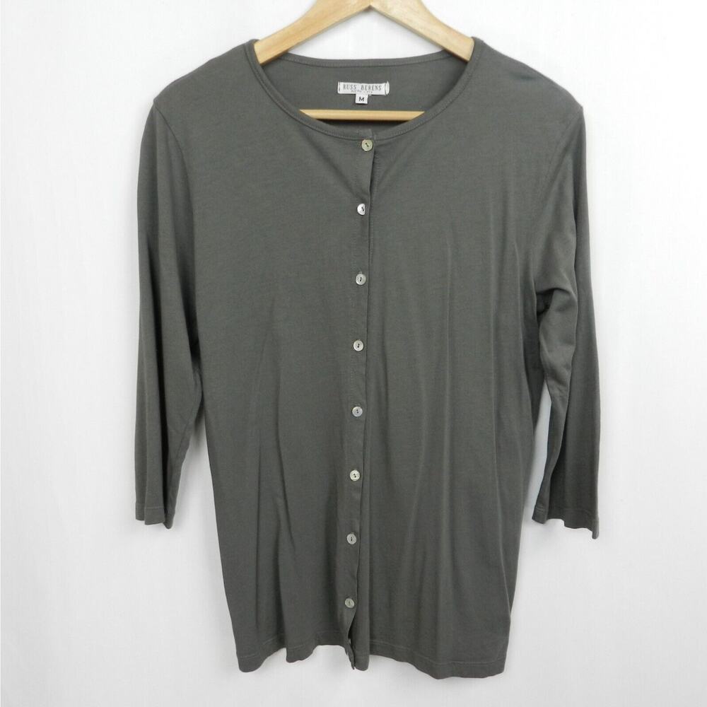 Russ Berens T Shirt Weight‎ 3/4 Sleeve Button Up Cardigan Sz M Gray Knit